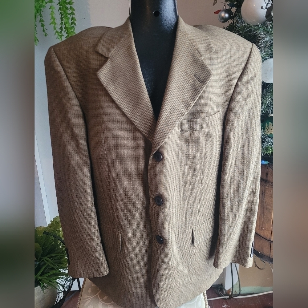 Embassy Row Tan Brown Check Patterned Wool Blazer Size M